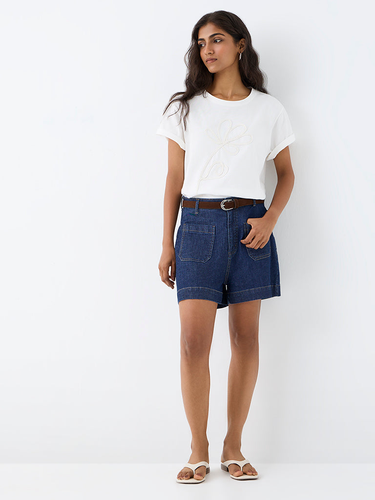 LOV White Floral Embroidered Cotton T-Shirt