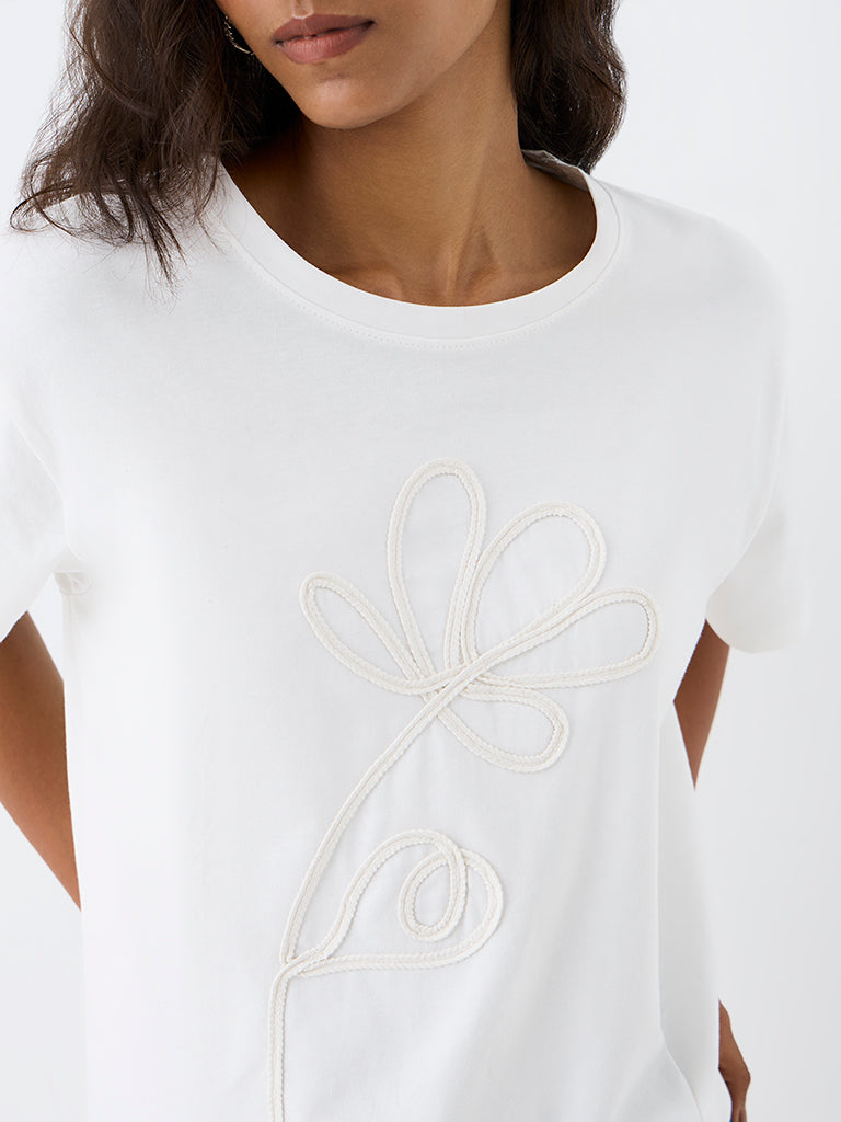 LOV White Floral Embroidered Cotton T-Shirt