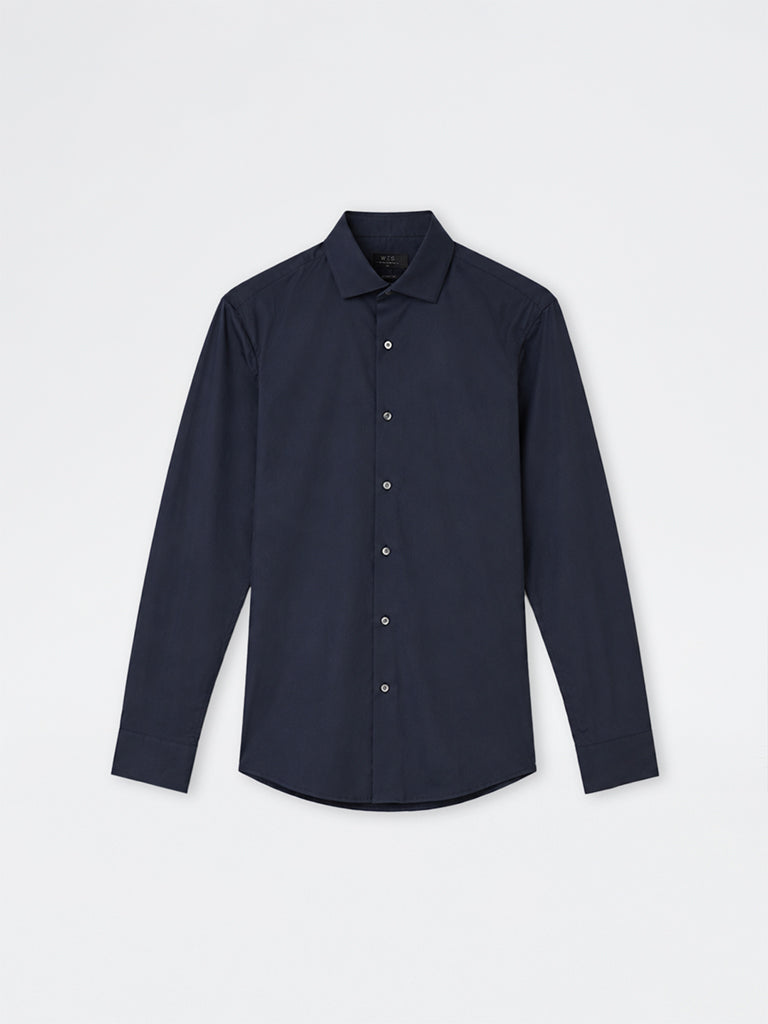 WES Formals Navy Solid Ultra Slim-Fit Cotton-Blend Shirt
