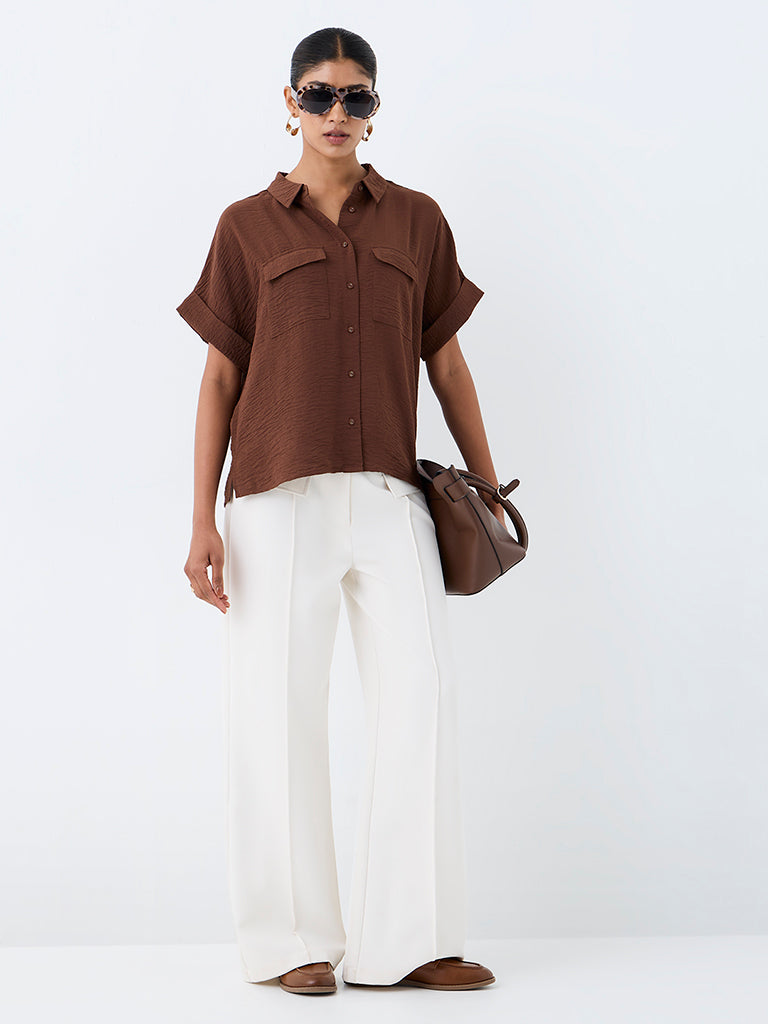 Wardrobe Brown Crinkle-Textured Shirt