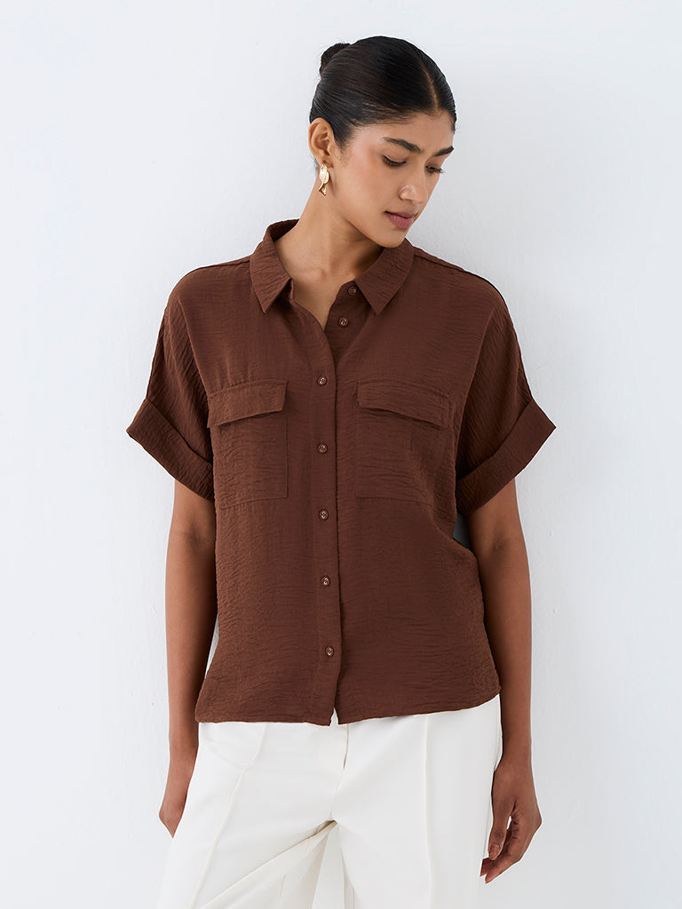 Wardrobe Brown Crinkle-Textured Shirt
