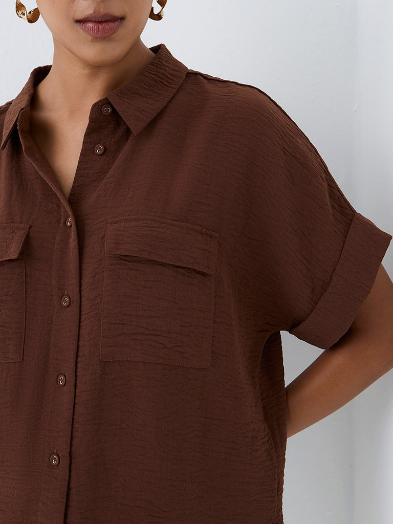 Wardrobe Brown Crinkle-Textured Shirt
