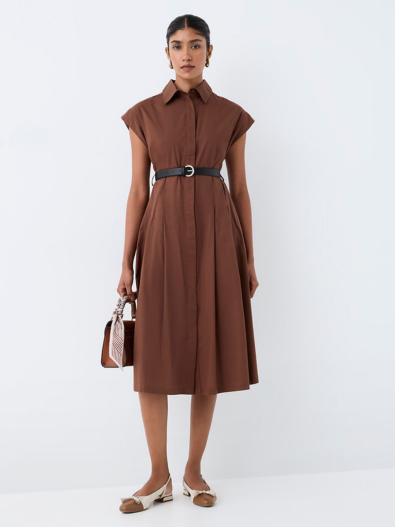 Wardrobe Brown Pleated Cotton Midi Dress with Belt