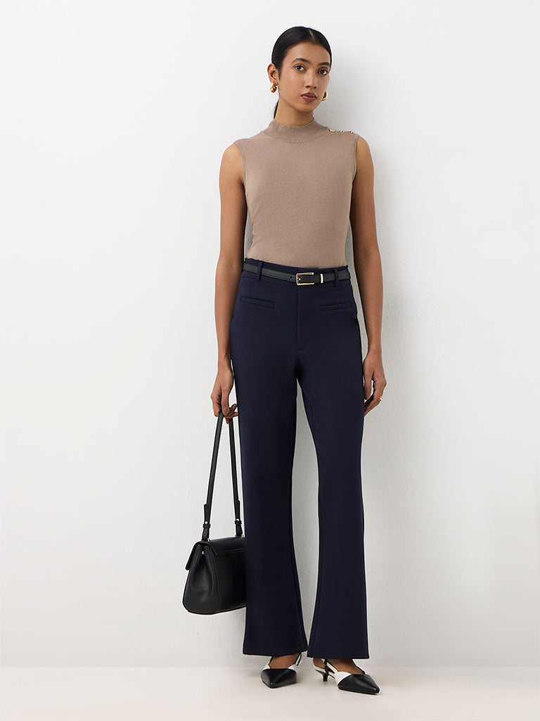 Wardrobe Navy Solid High-Rise Flared Trousers