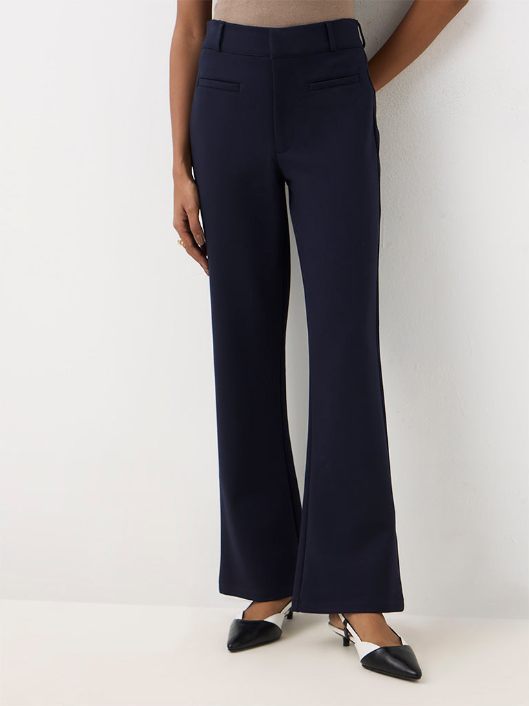 Wardrobe Navy Solid High-Rise Flared Trousers