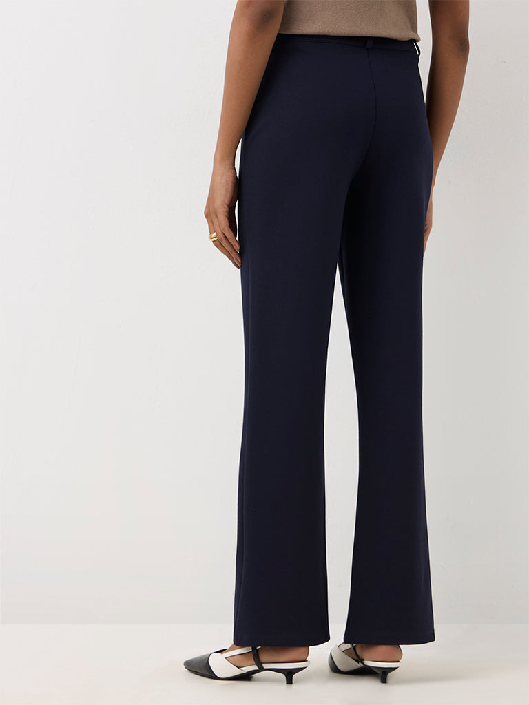Wardrobe Navy Solid High-Rise Flared Trousers