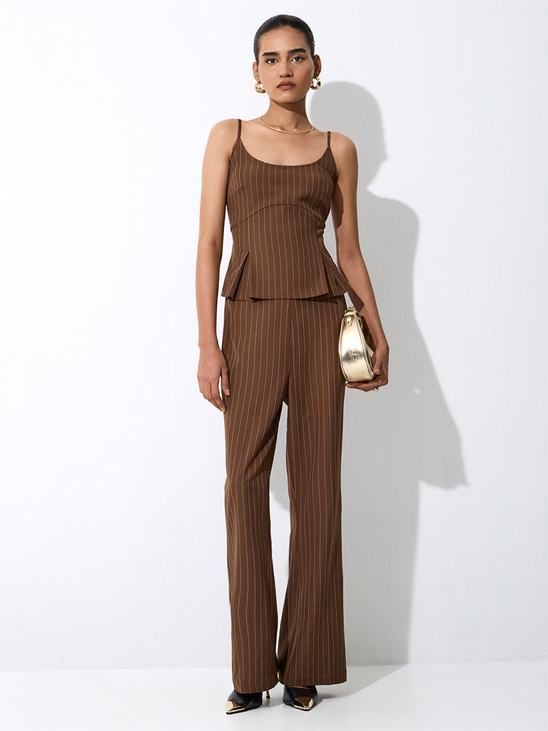 Wardrobe Brown Striped Flared High-Rise Pants