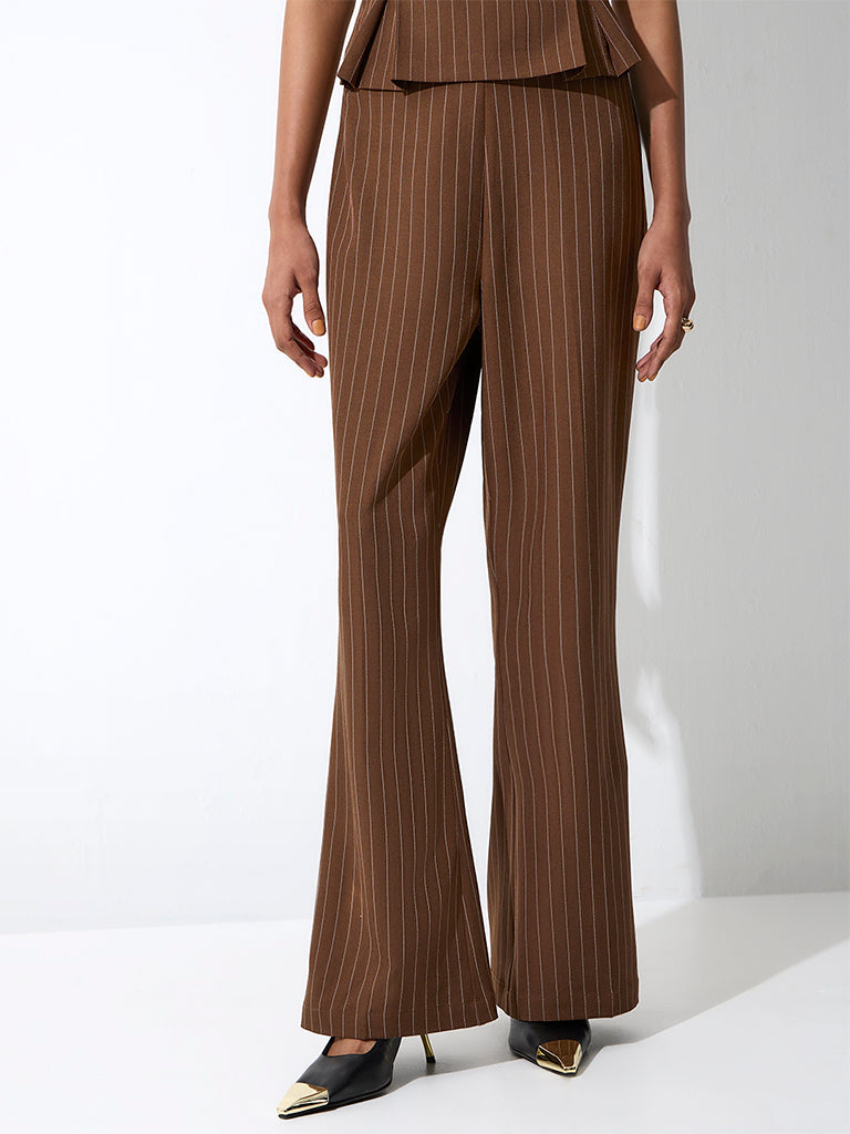 Wardrobe Brown Striped Flared High-Rise Pants