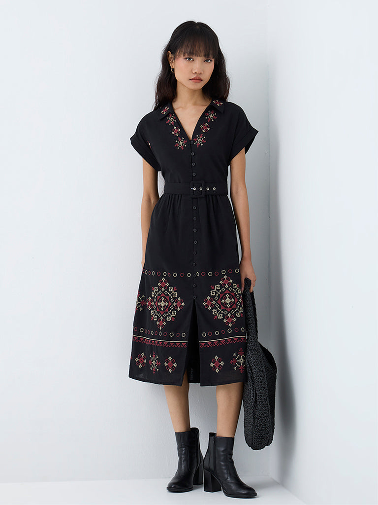 Bombay Paisley Black Embroidered Cotton Midi Dress with Belt