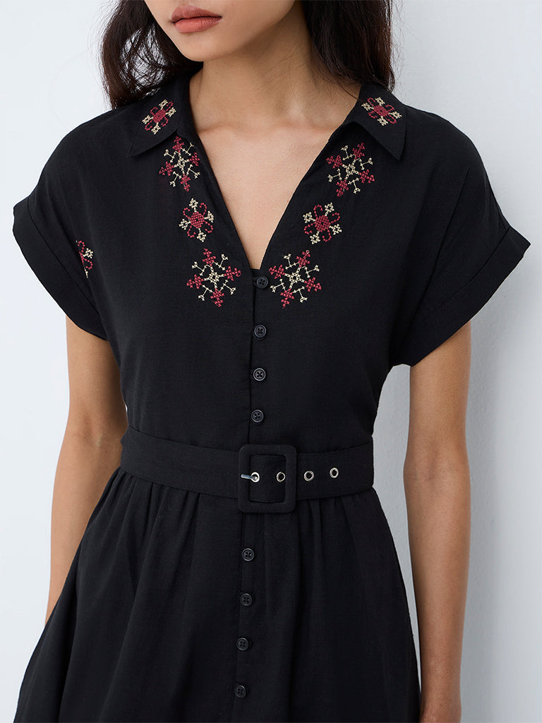 Bombay Paisley Black Embroidered Cotton Midi Dress with Belt