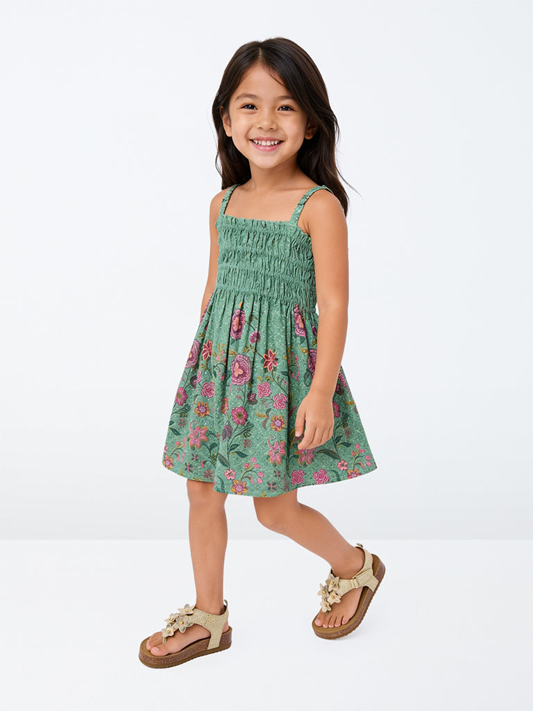 Utsa Kids Girls Jade Green Foliage Printed Cotton Fit-and-Flare Dress - (2 -8 yrs)