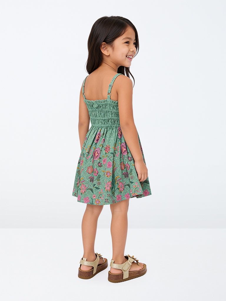 Utsa Kids Girls Jade Green Foliage Printed Cotton Fit-and-Flare Dress - (2 -8 yrs)