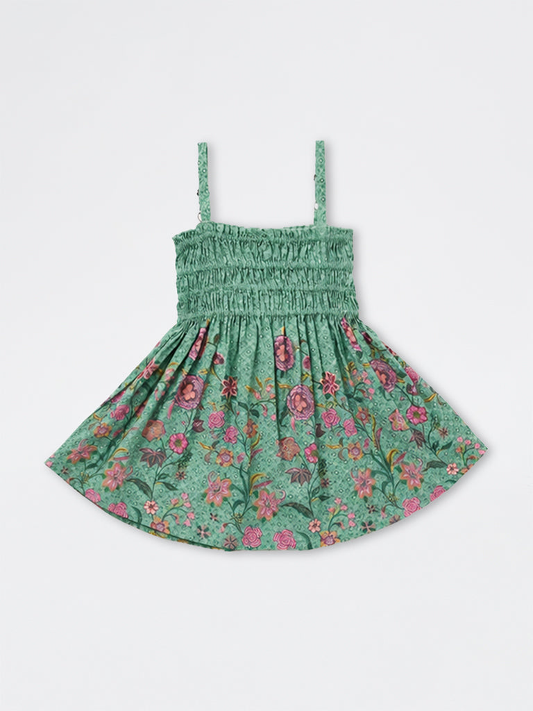 Utsa Kids Girls Jade Green Foliage Printed Cotton Fit-and-Flare Dress - (2 -8 yrs)