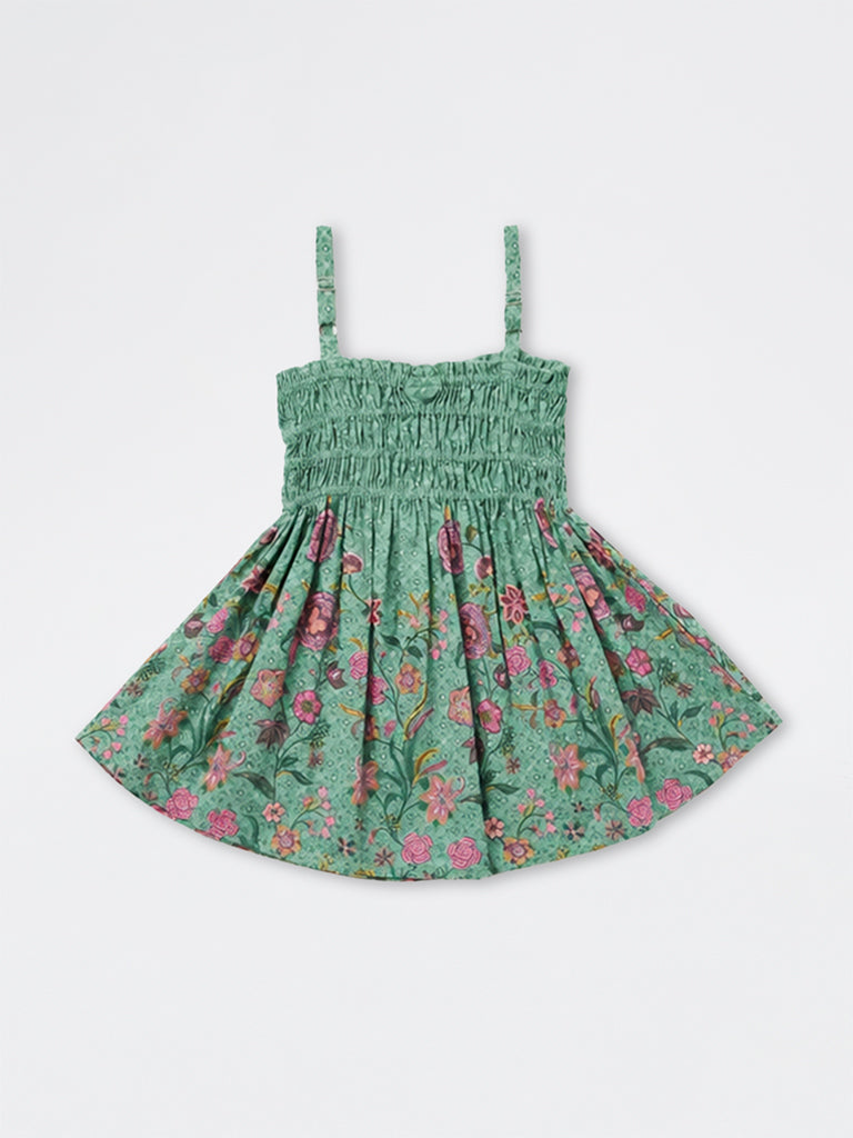 Utsa Kids Girls Jade Green Foliage Printed Cotton Fit-and-Flare Dress - (2 -8 yrs)