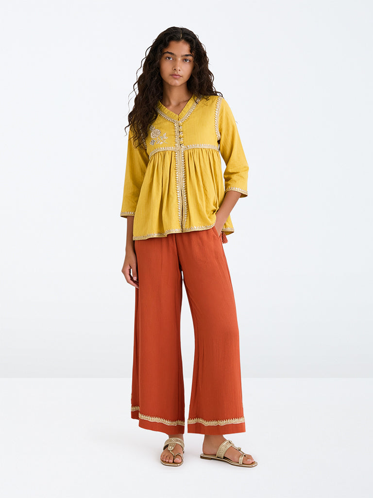 Utsa Kids Girls Yellow Sequin Embellished Cotton Top and Ethnic Pants Set - (8 -14 yrs)