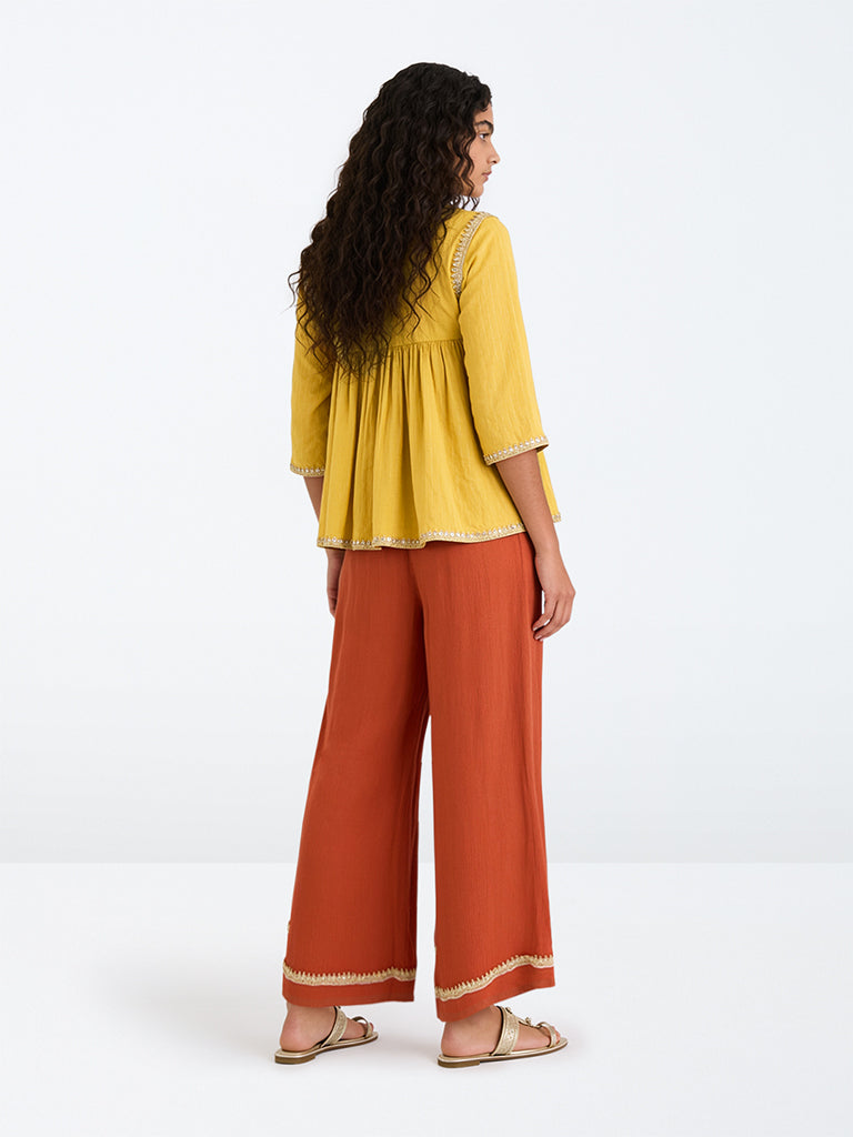 Utsa Kids Girls Yellow Sequin Embellished Cotton Top and Ethnic Pants Set - (8 -14 yrs)
