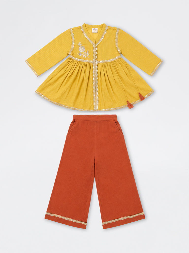 Utsa Kids Girls Yellow Sequin Embellished Cotton Top and Ethnic Pants Set - (8 -14 yrs)