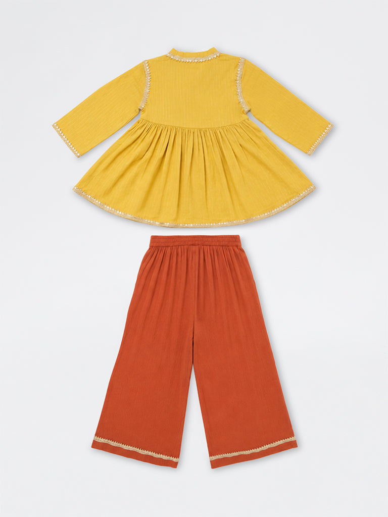 Utsa Kids Girls Yellow Sequin Embellished Cotton Top and Ethnic Pants Set - (8 -14 yrs)