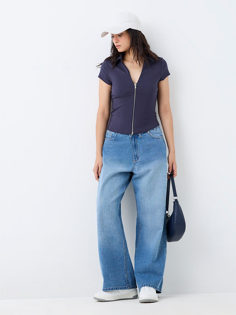 Nuon Navy Zipper-Detail Top