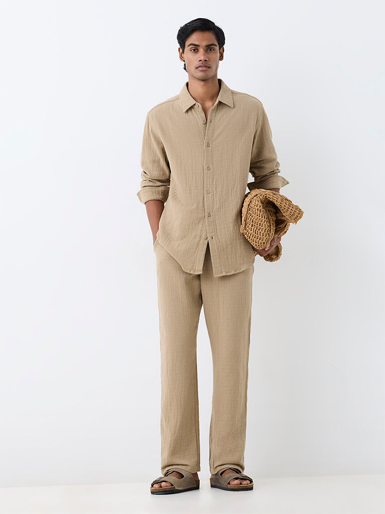 ETA Beige Crinkle-Textured Relaxed-Fit Mid-Rise Cotton Chinos