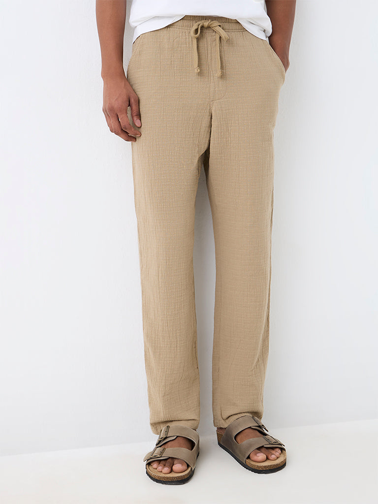 ETA Beige Crinkle-Textured Relaxed-Fit Mid-Rise Cotton Chinos