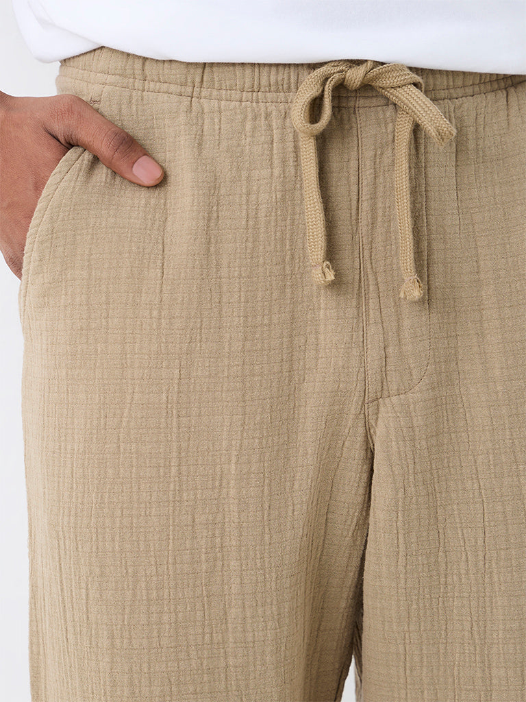 ETA Beige Crinkle-Textured Relaxed-Fit Mid-Rise Cotton Chinos