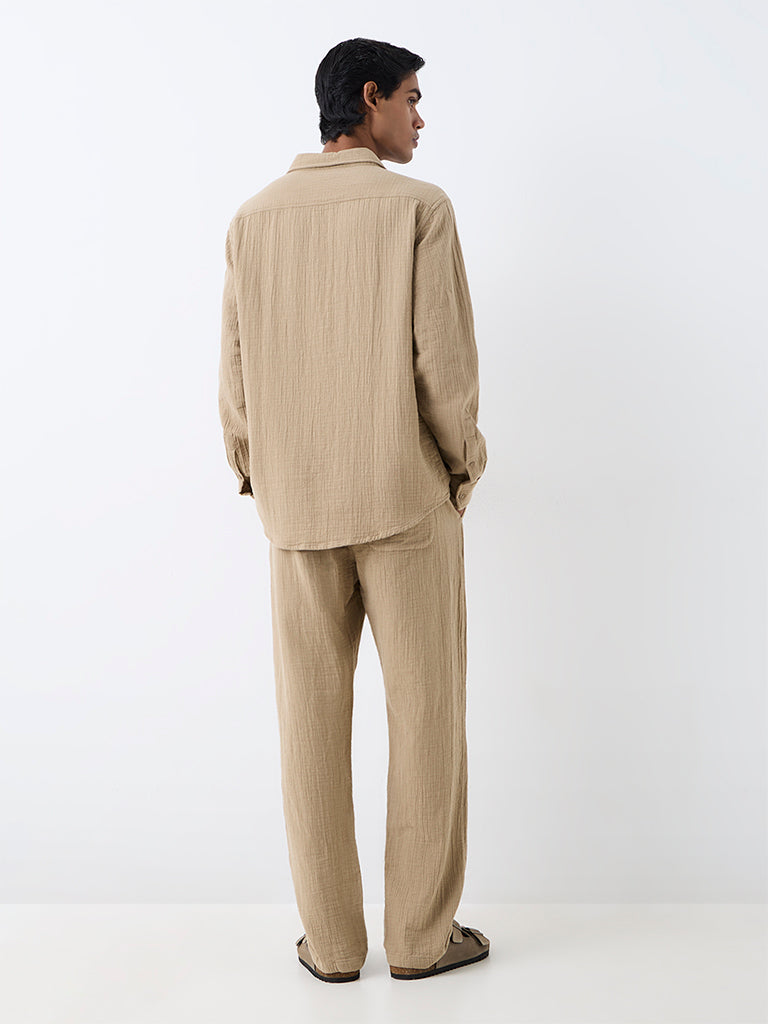 ETA Beige Crinkle-Textured Relaxed-Fit Mid-Rise Cotton Chinos