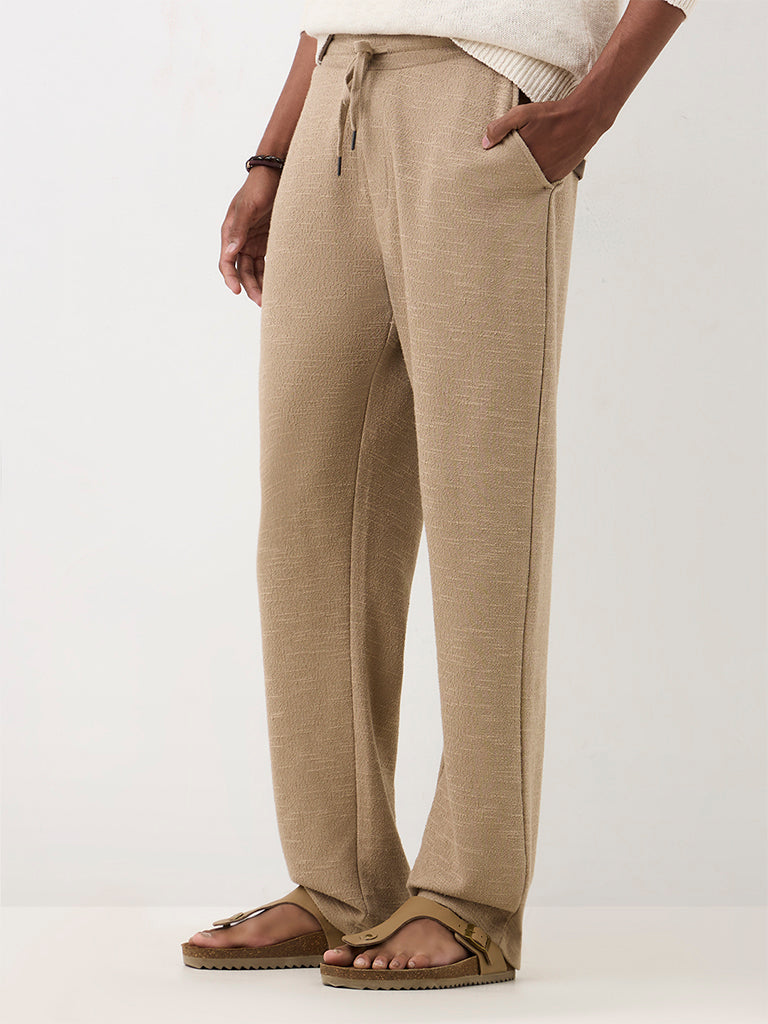 ETA Taupe Textured Relaxed-Fit Mid-Rise Cotton-Blend Chinos