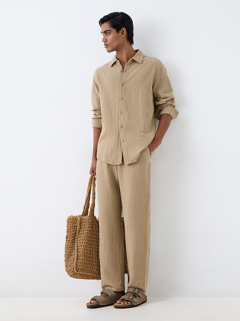 ETA Beige Crinkle-Textured Relaxed-Fit Cotton Shirt