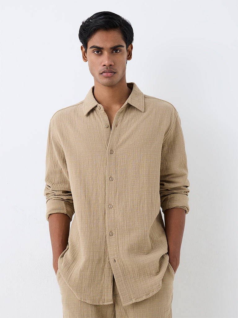 ETA Beige Crinkle-Textured Relaxed-Fit Cotton Shirt