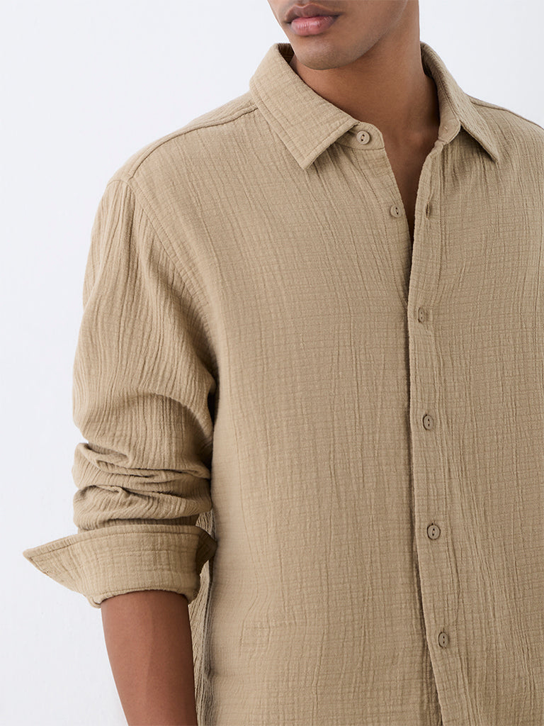 ETA Beige Crinkle-Textured Relaxed-Fit Cotton Shirt