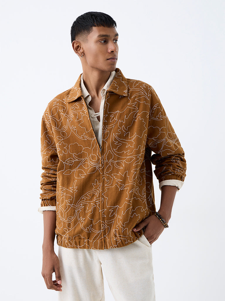 ETA Tan Botanical Embroidered Relaxed-Fit Cotton Jacket