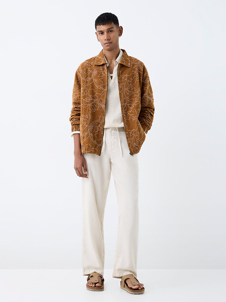 ETA Tan Botanical Embroidered Relaxed-Fit Cotton Jacket