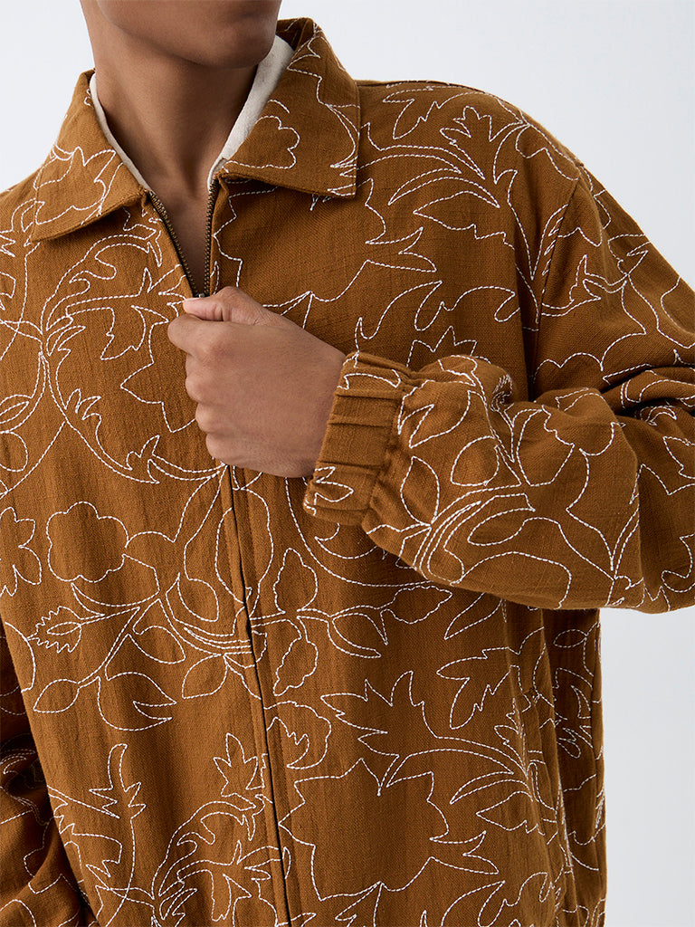 ETA Tan Botanical Embroidered Relaxed-Fit Cotton Jacket