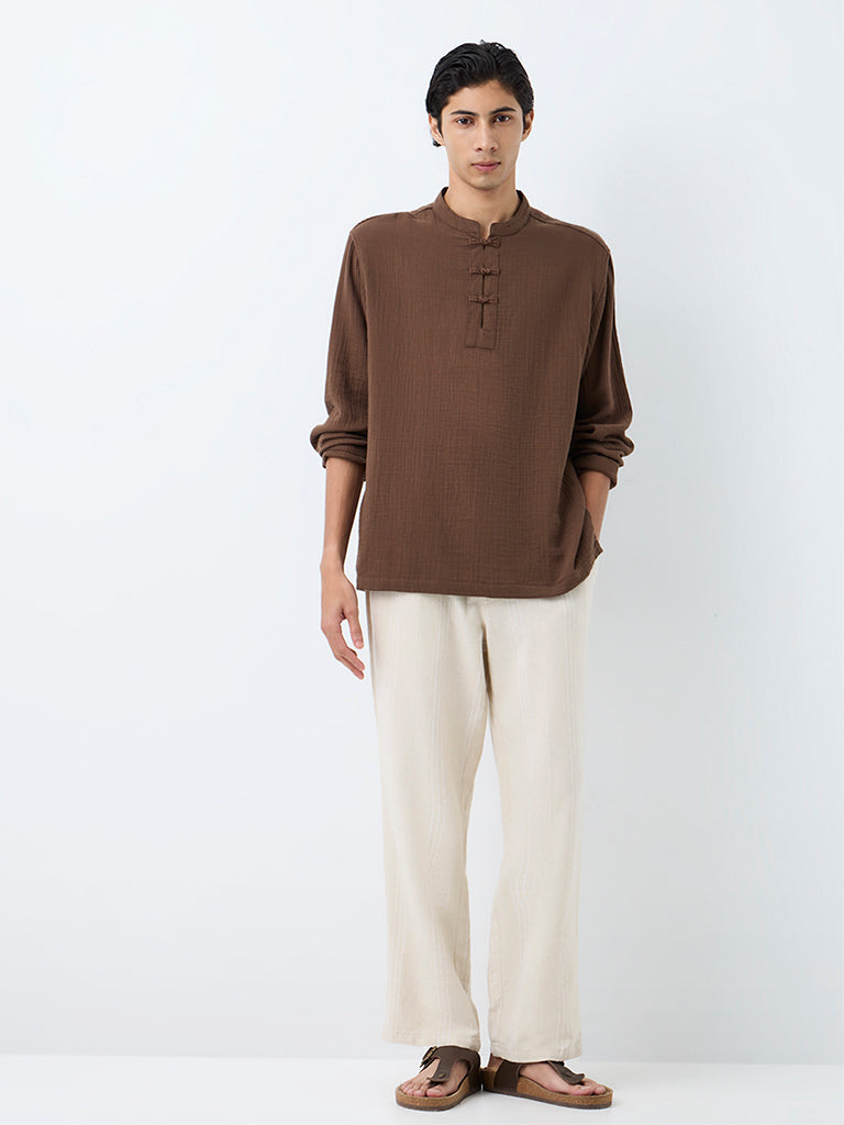 ETA Dark Brown Crinkle-Textured Relaxed-Fit Cotton Frog Fastenings Shirt