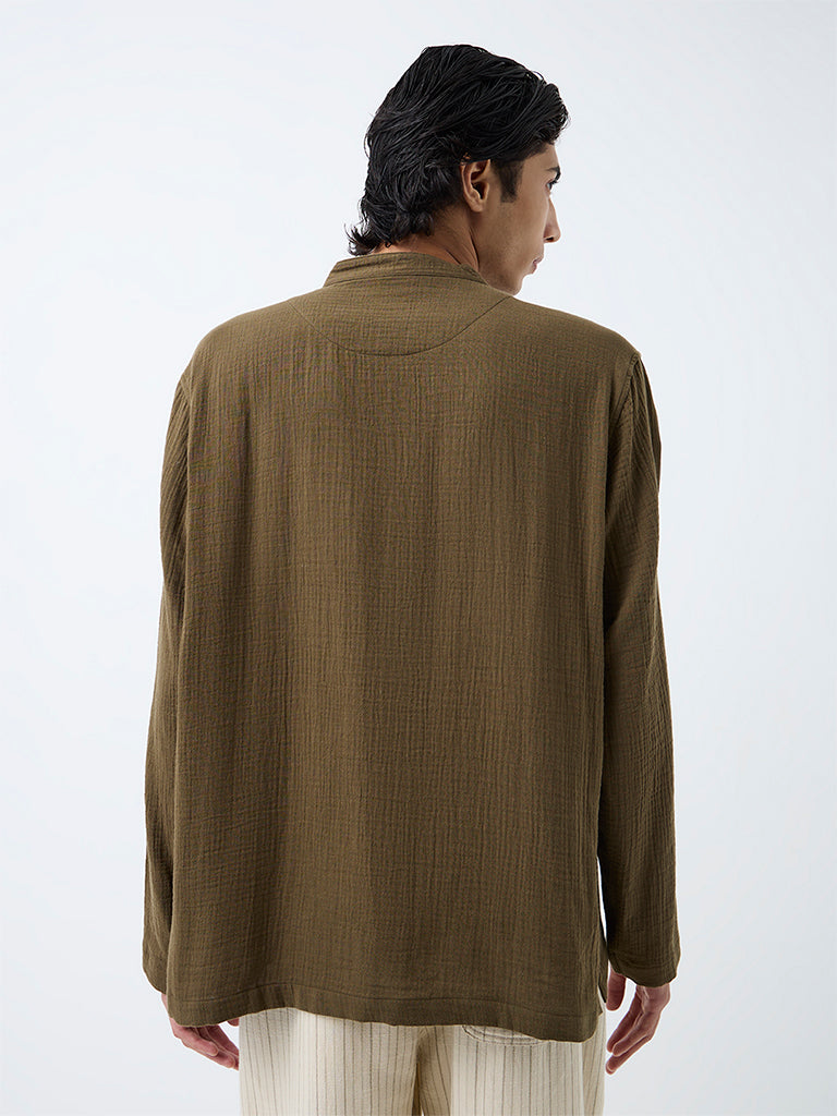 ETA Dark Olive Crinkle-Textured Relaxed-Fit Cotton Frog Fastenings Shirt