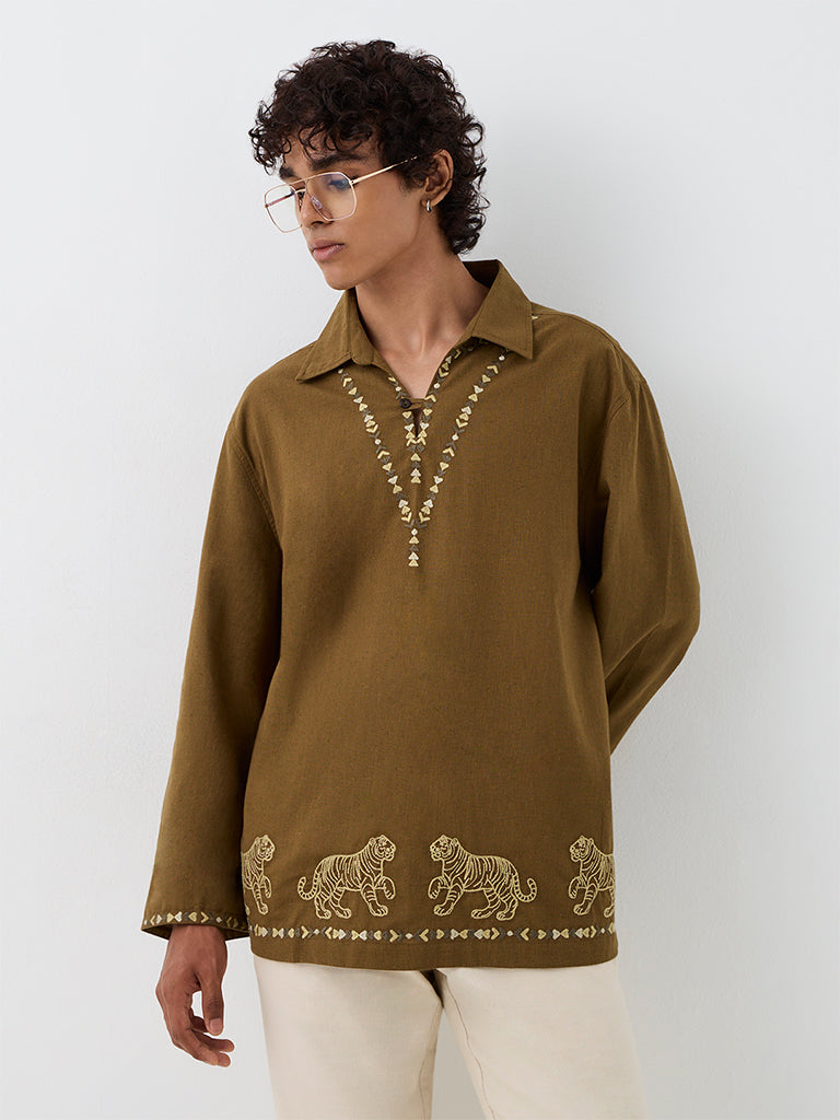 ETA Brown Animal Embroidered Relaxed-Fit Cotton-Blend Shirt
