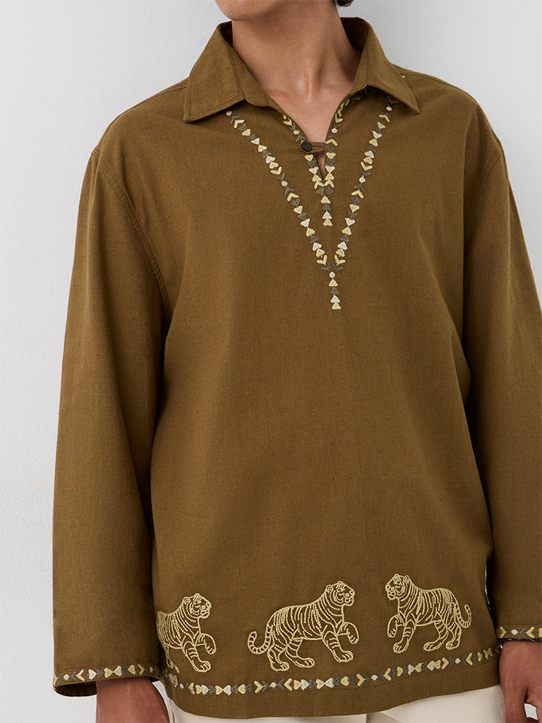 ETA Brown Animal Embroidered Relaxed-Fit Cotton-Blend Shirt