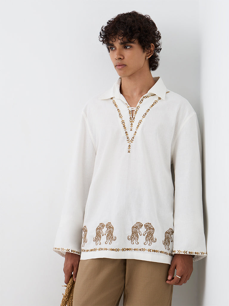 ETA Off-White Animal Embroidered Relaxed-Fit Cotton-Blend Shirt