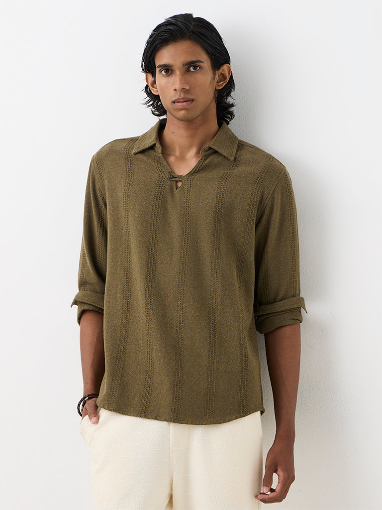 ETA Olive Waffle-Striped Relaxed-Fit Cotton-Blend Shirt