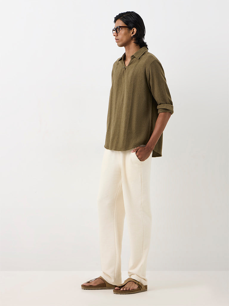 ETA Olive Waffle-Striped Relaxed-Fit Cotton-Blend Shirt