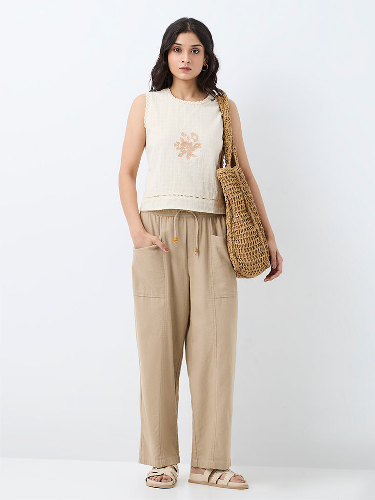 Bombay Paisley Light Beige High-Waist Tapered Pants