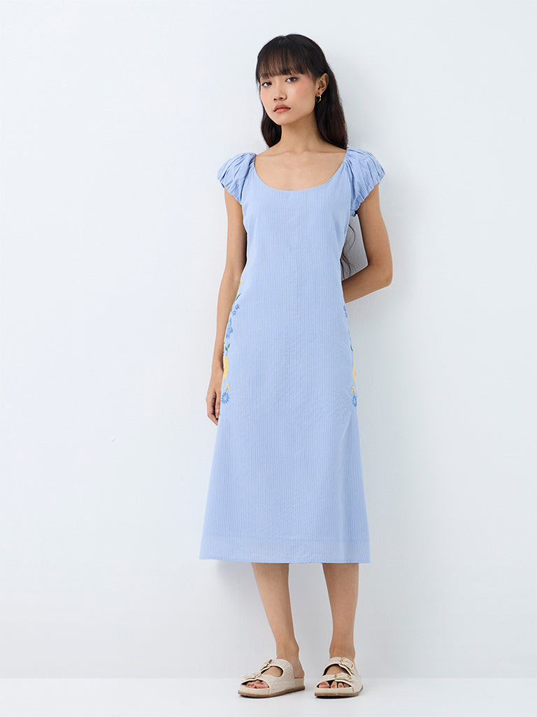 Bombay Paisley Light Blue Striped A-Line Cotton Dress