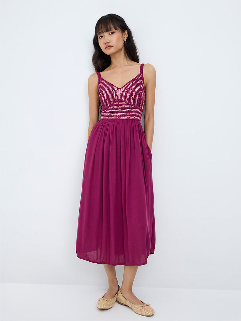 Bombay Paisley Magenta Crochet Embroidered Cotton-Blend A-Line Midi Dress