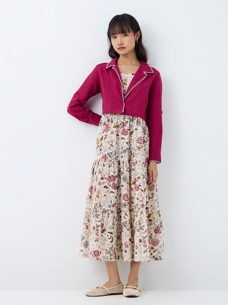 Bombay Paisley Off-White Floral Printed Cotton Tiered Dress with Jacket