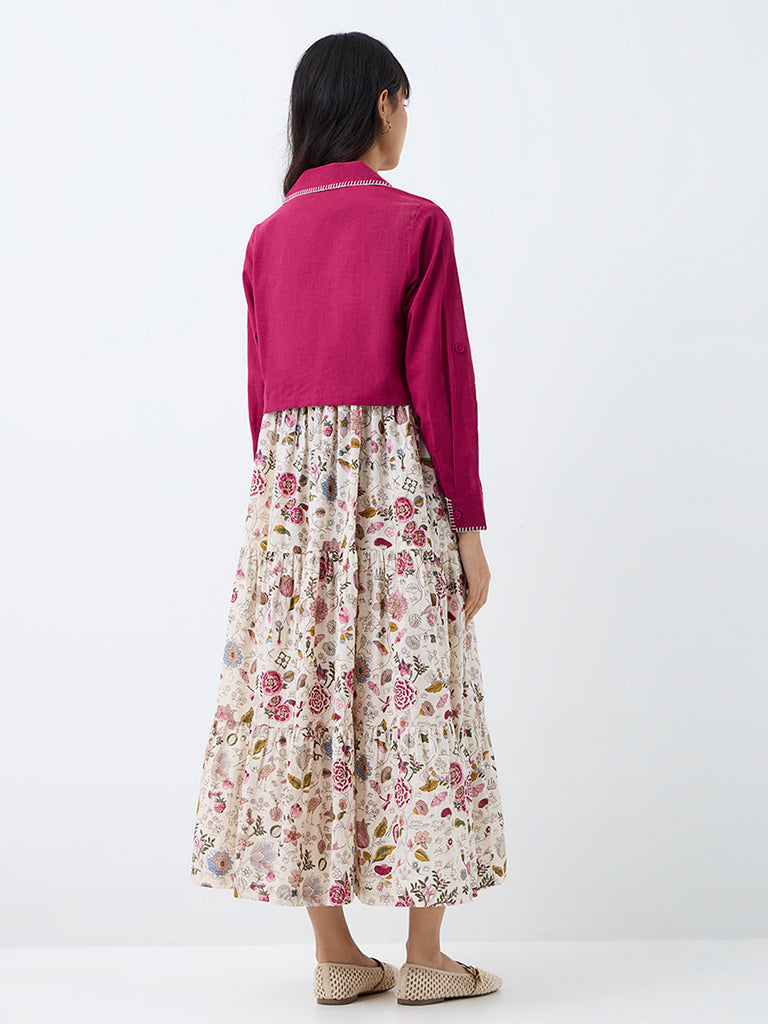 Bombay Paisley Off-White Floral Printed Cotton Tiered Dress with Jacket
