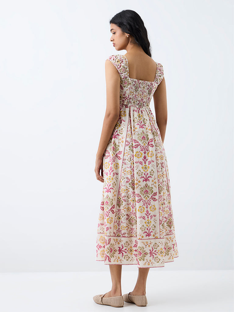 Bombay Paisley Off-White Floral Printed Cotton A-Line Dress