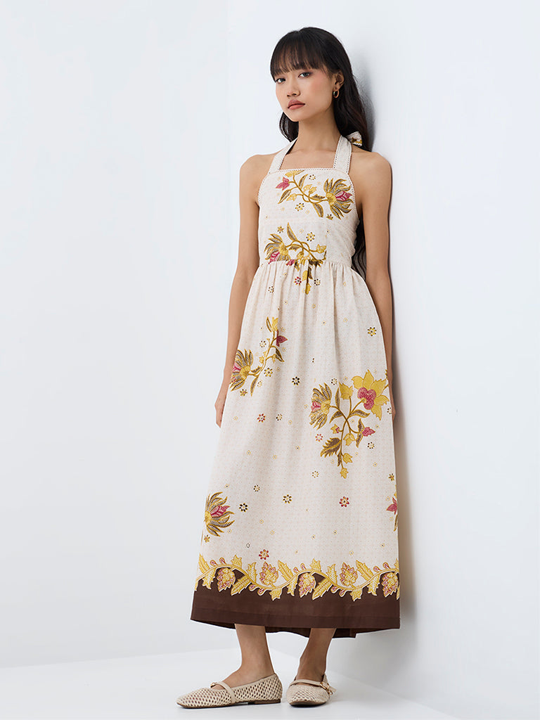 Bombay Paisley Off-White Floral Printed Cotton Fit-and-Flare Midi Dress