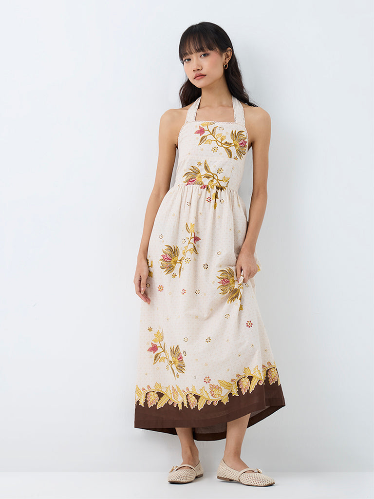 Bombay Paisley Off-White Floral Printed Cotton Fit-and-Flare Midi Dress