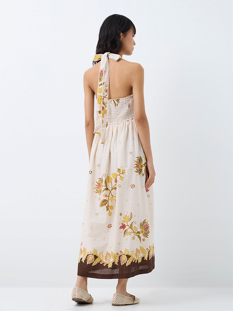 Bombay Paisley Off-White Floral Printed Cotton Fit-and-Flare Midi Dress